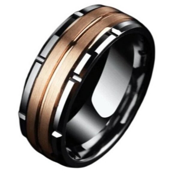 Tungsten Steel Beveled Double Channel Brushed Rose Gold Statement Wedding Ring - Picture 2 of 6